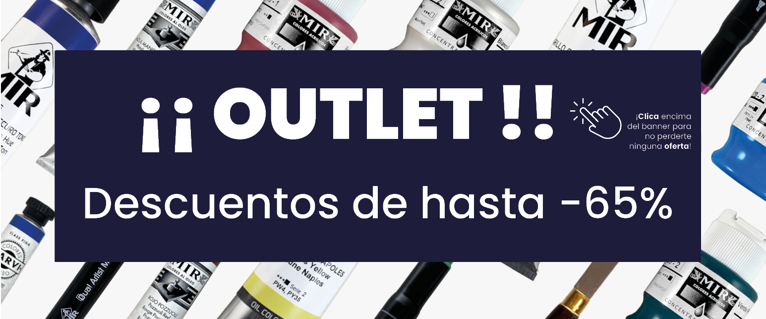 En OUTLET encontrarás gran variedad de productos descatalogados, con errores de etiquetaje o por exceso de stock a un precio insuperable, pinturas (óleo, acríico, tintas), aceites, champus, barnices, rotuladores y mucho más TODO con Descuentos de hasta ¡¡¡¡¡65%!!!!